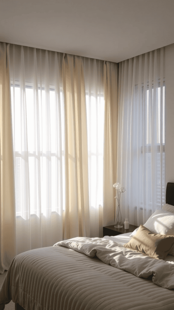 A serene bedroom with soft, sheer curtains allowing gentle sunlight to filter through, creating a calming atmosphere.