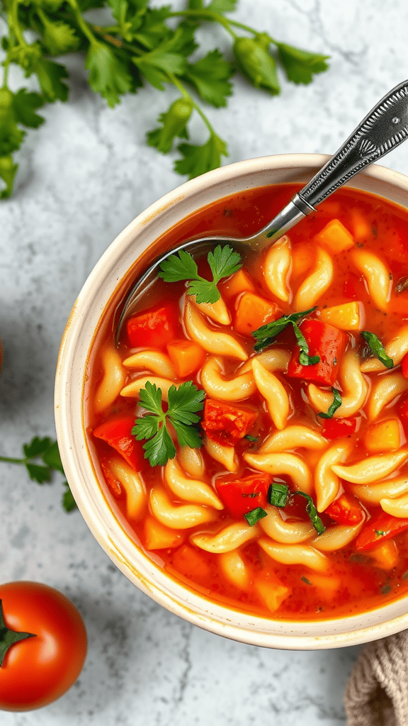 A bowl of tomato soup with orzo and vegetables, garnished with fresh herbs.