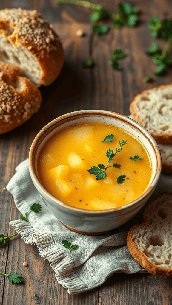 A bowl of traditional Irish potato soup with a garnish of parsley, served with crusty bread on a wooden table.