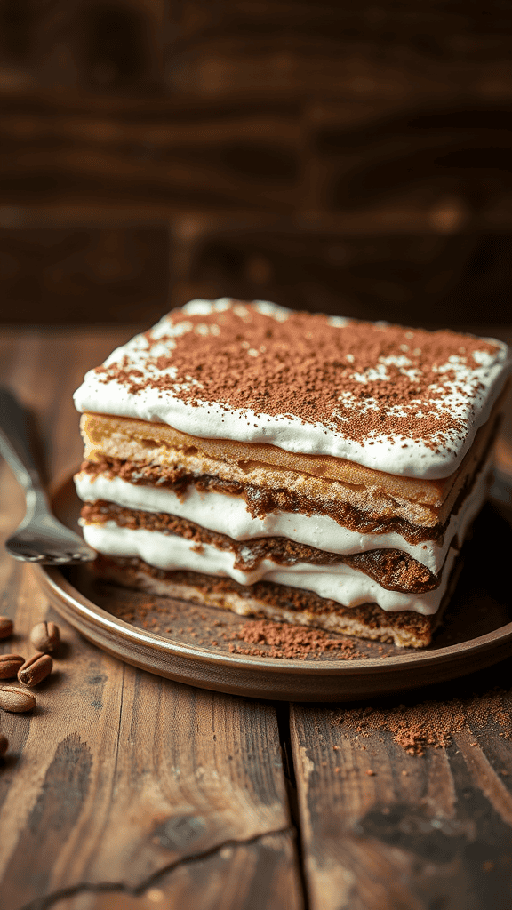 A delicious traditional Italian tiramisu dessert with layers of coffee-soaked ladyfingers and creamy mascarpone.