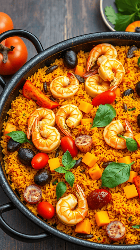 A vibrant dish of traditional Spanish paella featuring saffron rice, shrimp, mussels, and colorful vegetables.