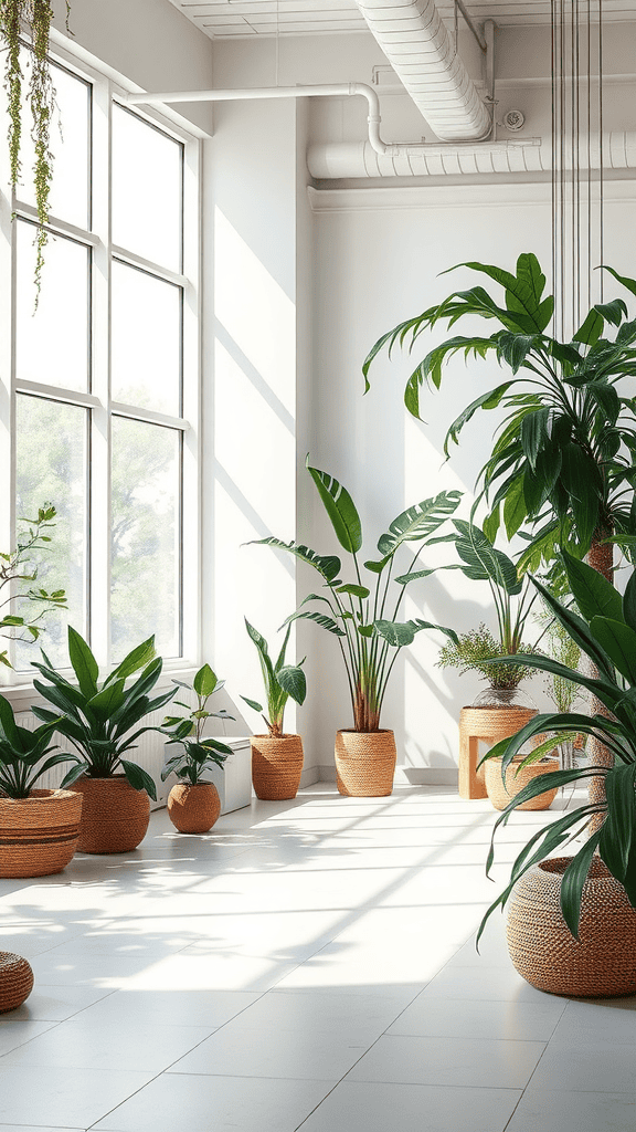 Bright room filled with various indoor plants in woven pots under large windows