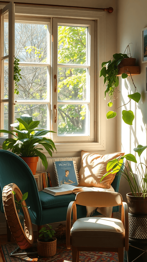 A bright and cozy corner with natural light, plants, and a comfortable chair.
