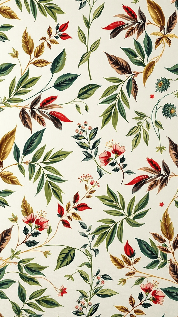 Colorful floral and leaf pattern on wallpaper.