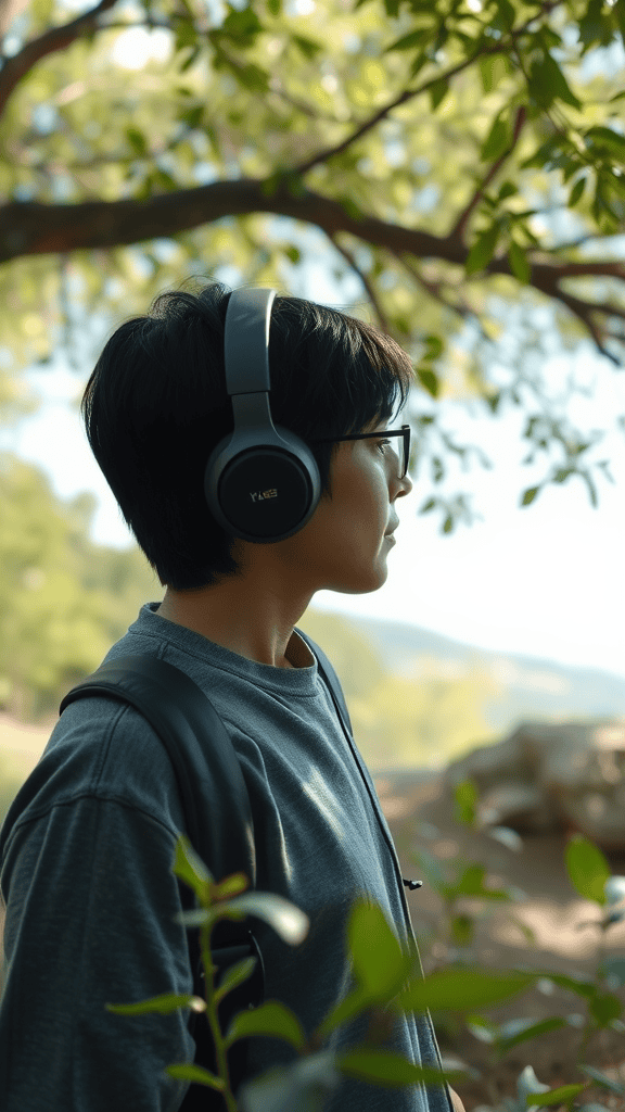 A person wearing noise-canceling headphones in a natural outdoor setting.