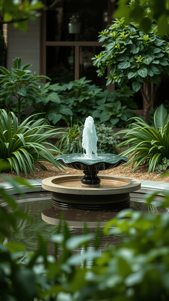 A tranquil garden setting featuring a bubbling fountain surrounded by lush greenery.