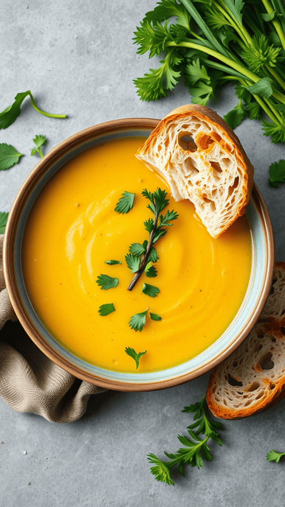 A bowl of creamy vegan potato and leek soup topped with herbs and accompanied by a slice of toasted bread.