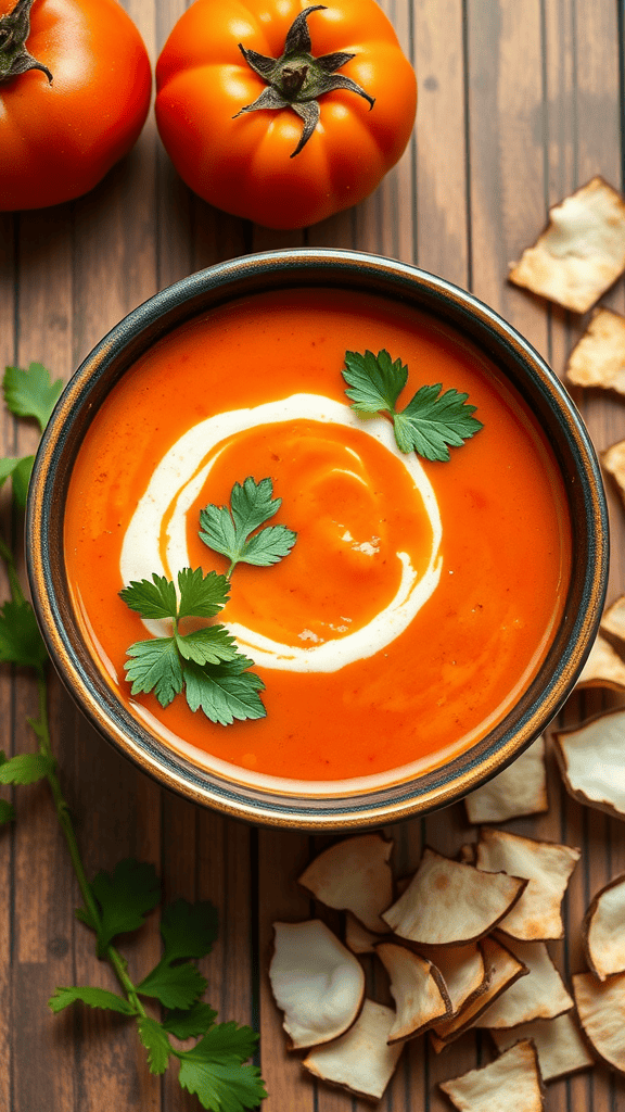 A bowl of vegan tomato coconut soup with fresh tomatoes and coconut chips on a wooden table.