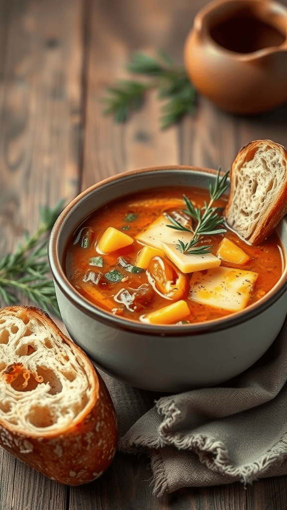 A bowl of vegan French onion soup with crusty bread on the side.