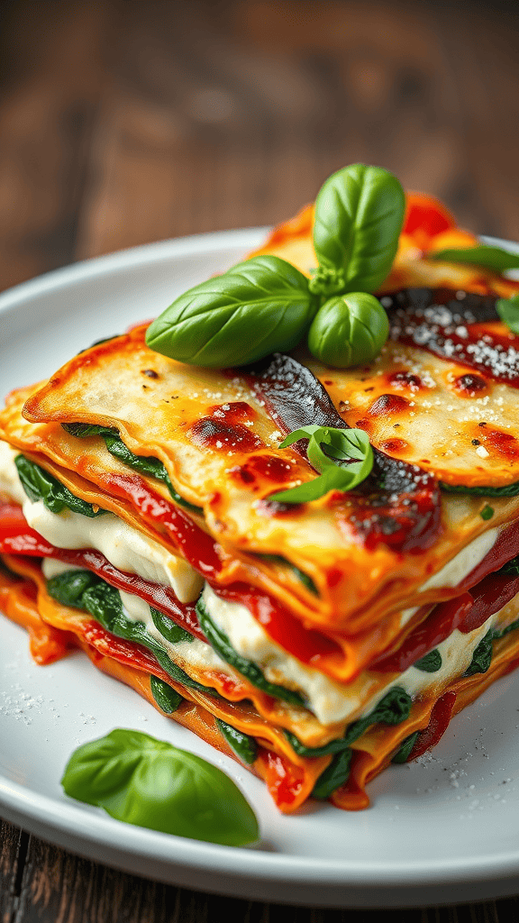 A plate of vegetable lasagna with layers of spinach, ricotta, and marinara sauce, garnished with fresh basil.