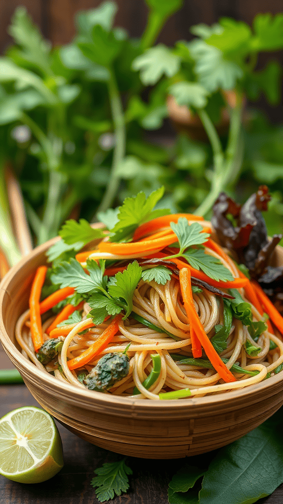 A bowl of Vegetable Pad Thai with vibrant greens and fresh toppings.