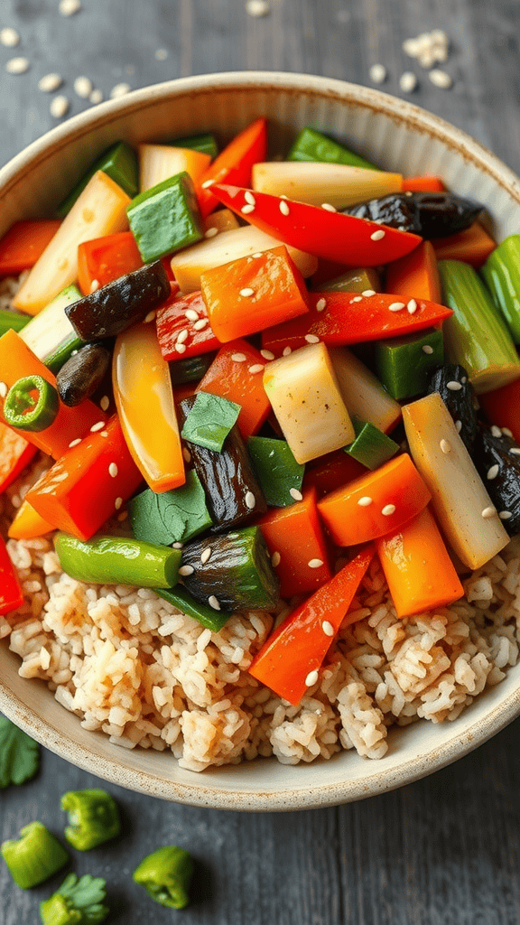 A bowl of colorful vegetable stir-fry over brown rice, garnished with sesame seeds.