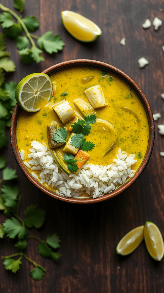 A bowl of Vegetable Thai Green Curry with rice and fresh lime.