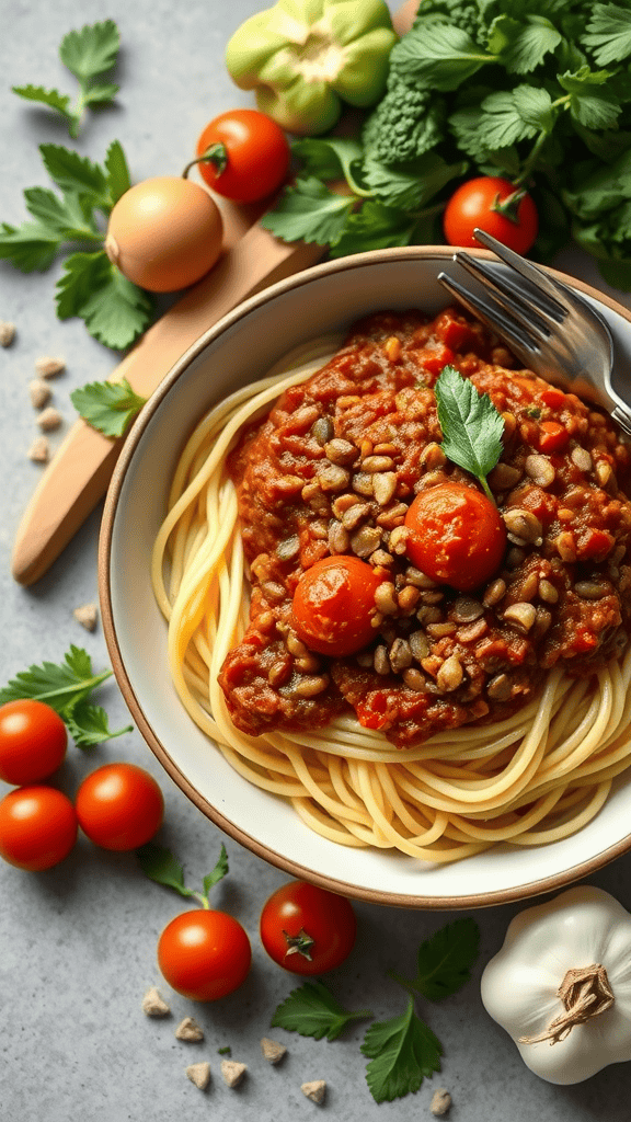 A bowl of spaghetti topped with lentil bolognese sauce, garnished with fresh herbs.