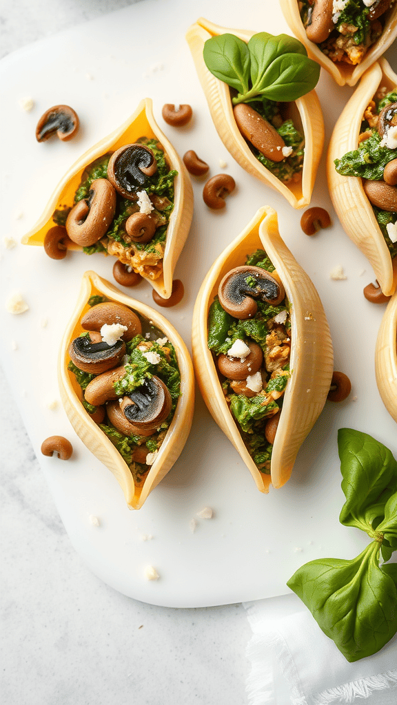 Vegetarian mushroom and pesto stuffed pasta shells