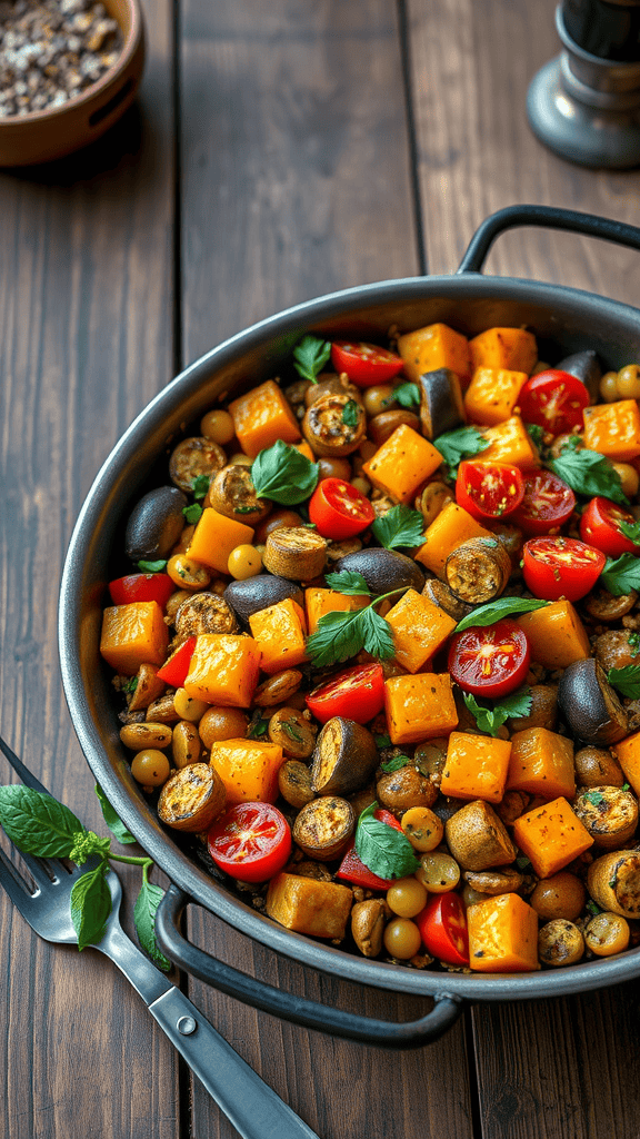 A vibrant vegetarian paella featuring seasonal vegetables like butternut squash, cherry tomatoes, and green beans, garnished with fresh basil.