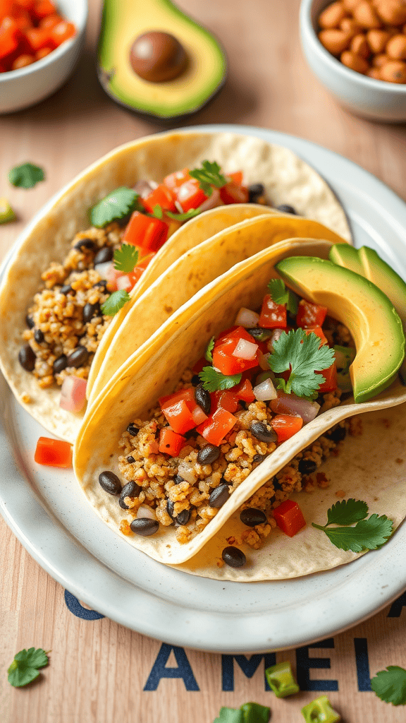 Zesty quinoa and black bean tacos with fresh toppings on a plate.