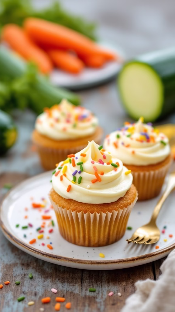 Delicious zucchini-carrot cupcakes with colorful sprinkles on top, sitting on a decorative plate.