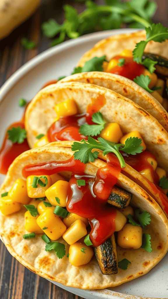 Zucchini and corn tacos topped with chipotle sauce and fresh cilantro.