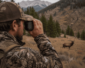 Hunter observing elk through rangefinder.