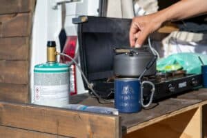 a kitchen setup while camping
