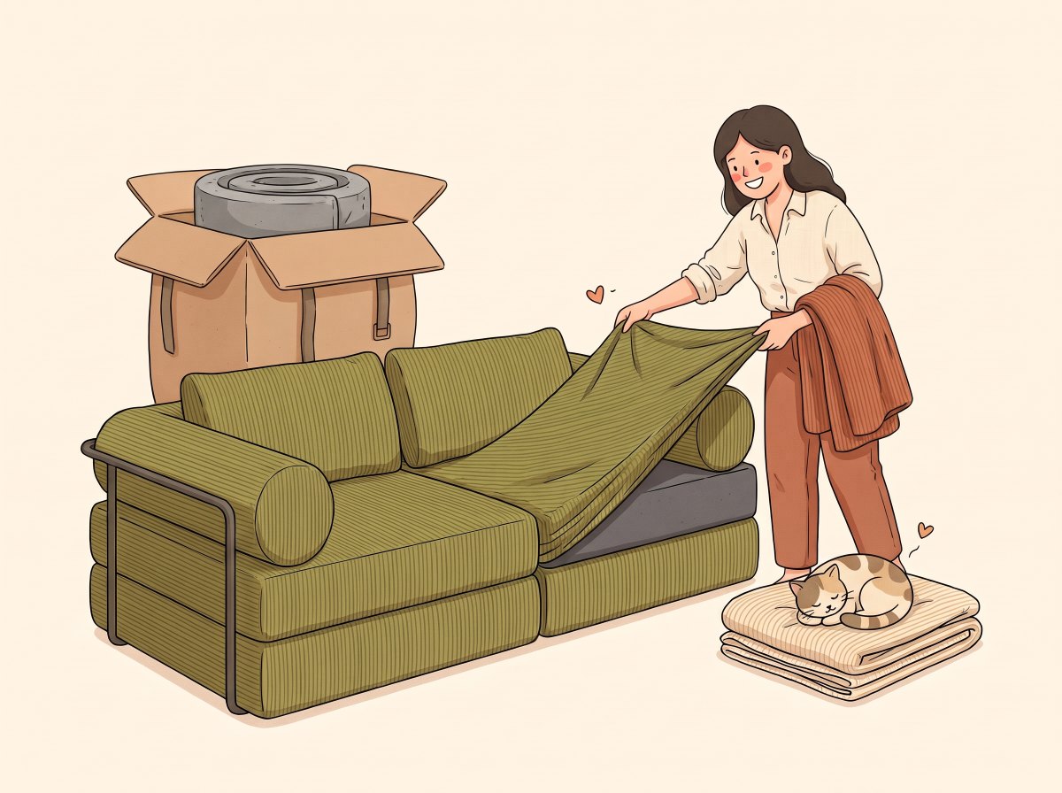 Illustration: a woman lifting the olive cover off a Sienna, a spare cover folded beside her