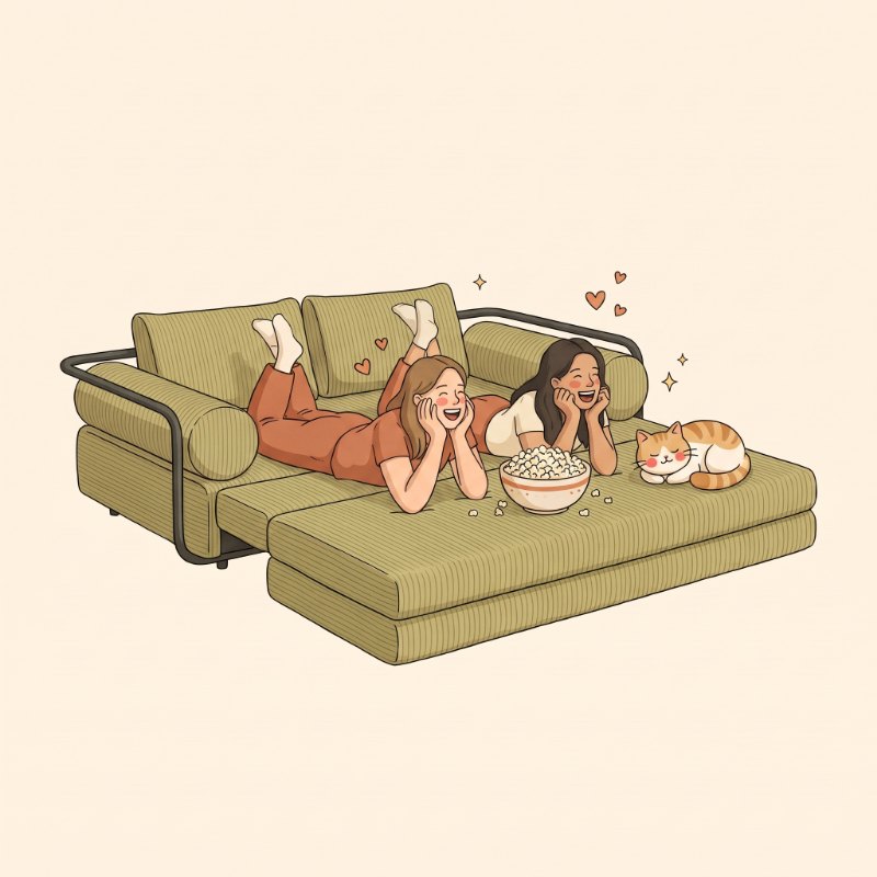 Illustration: two friends lying on the opened Sienna with popcorn, a cat curled up beside them