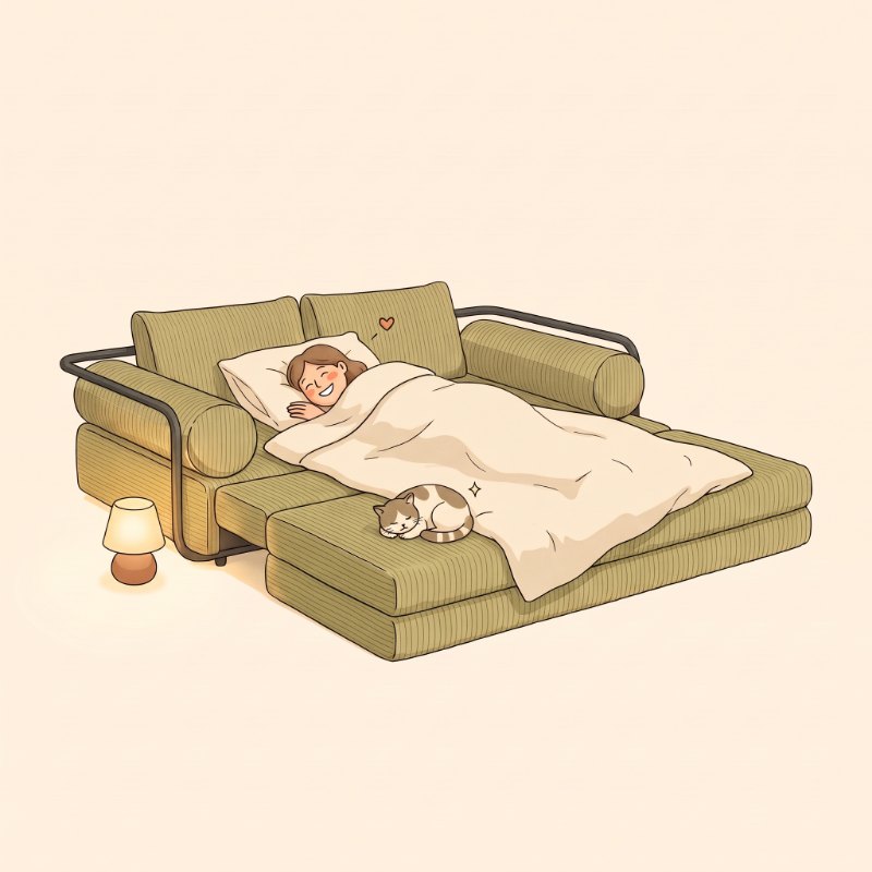 Illustration: a guest asleep on the Sienna opened into a bed, a cat at the foot