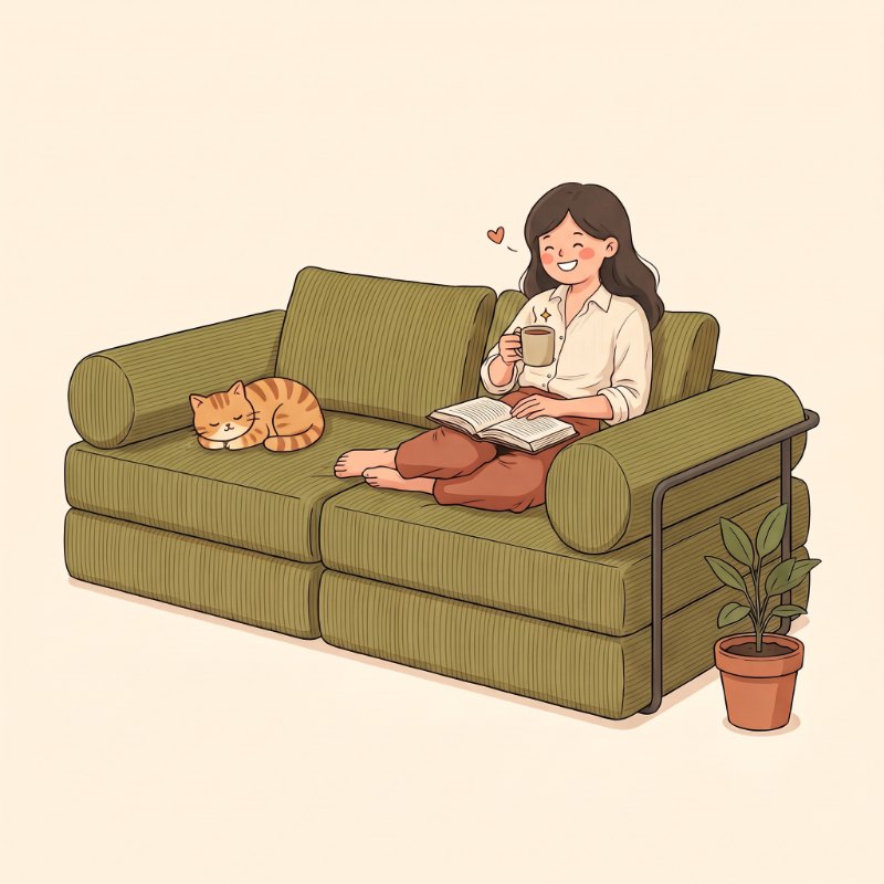 Illustration: a woman curled up on the Sienna sofa with tea and a book, a cat asleep beside her