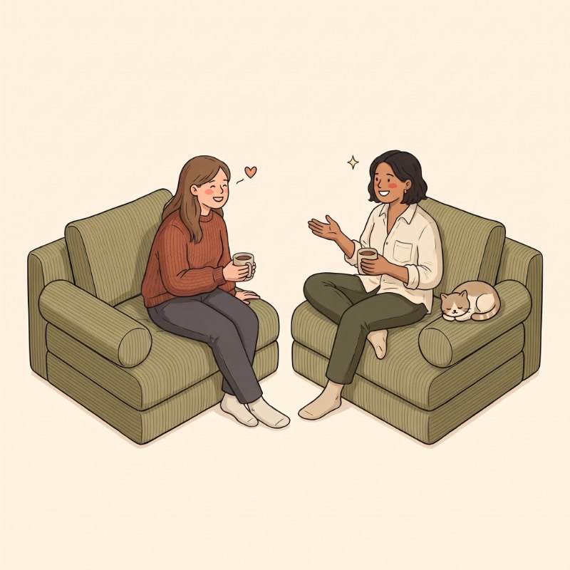 Illustration: Sienna II split into two seats, two friends chatting with mugs