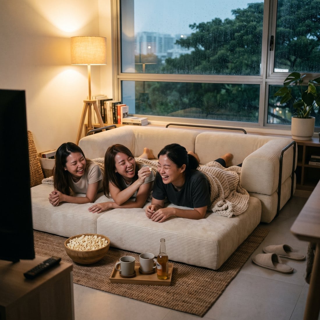Friends laughing and sharing popcorn on a Sienna opened flat for movie night