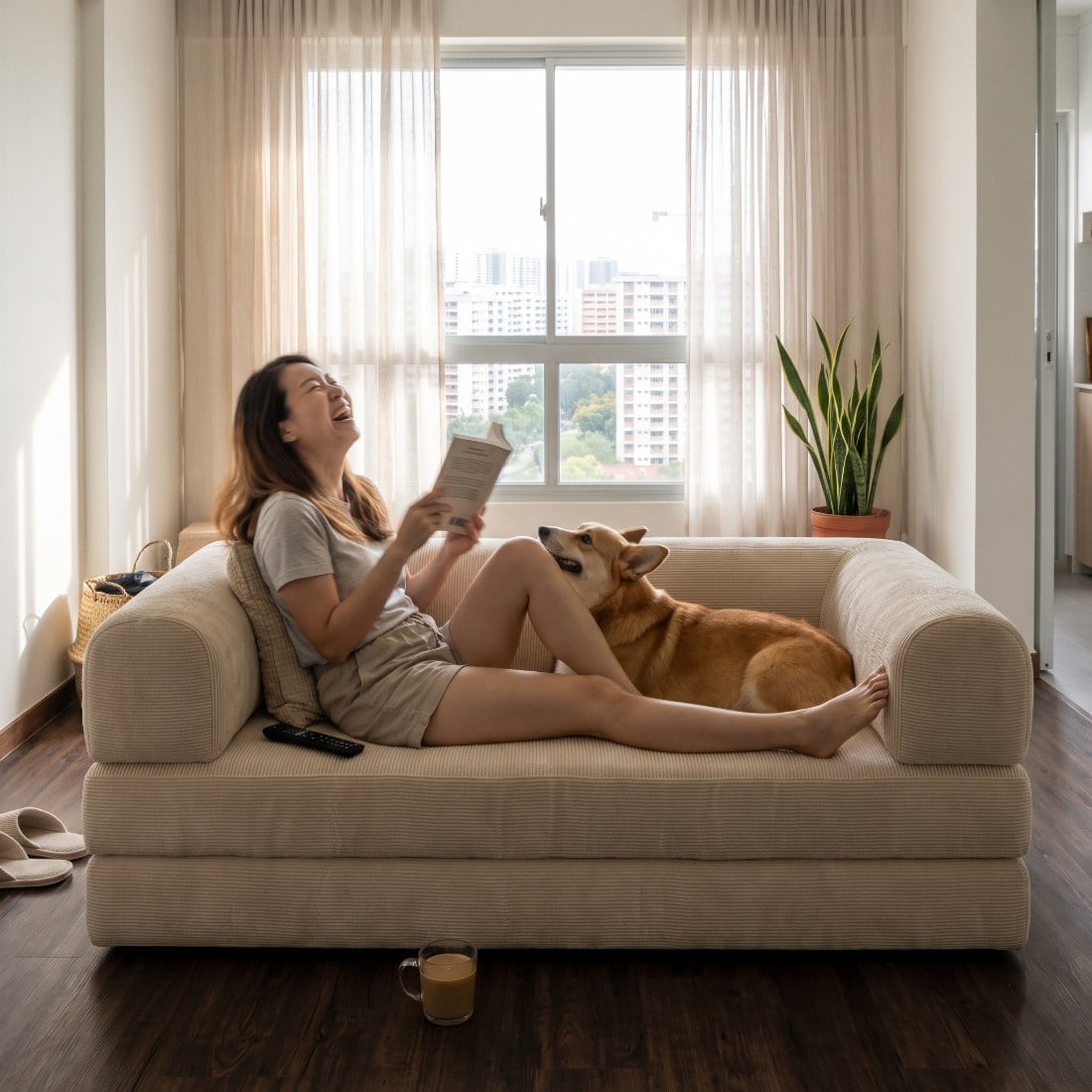 A woman laughing at her book on a Vanilla Sienna, her corgi resting its head on her knee