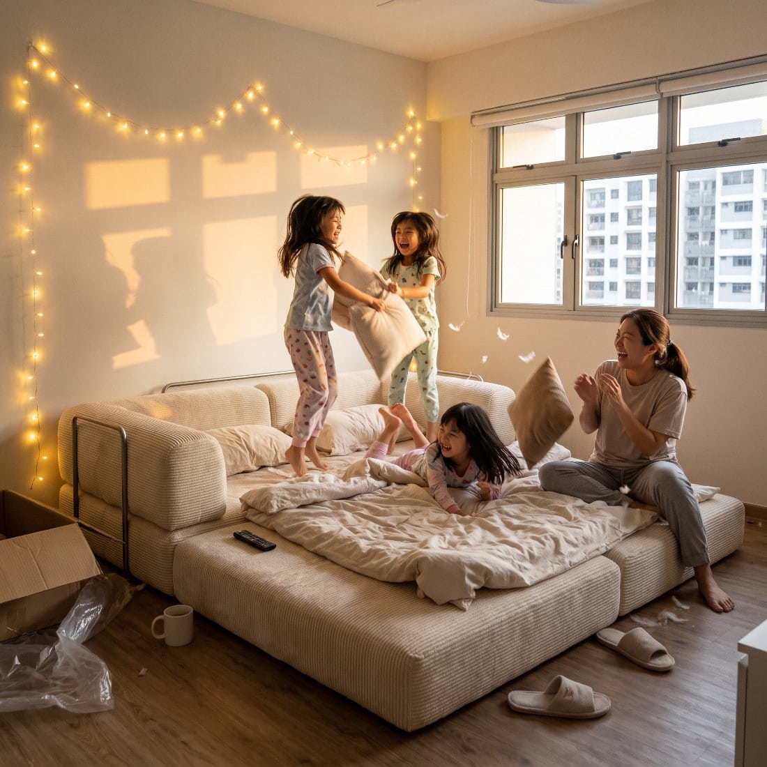Kids mid pillow-fight on a Sienna opened into a bed while their aunt laughs