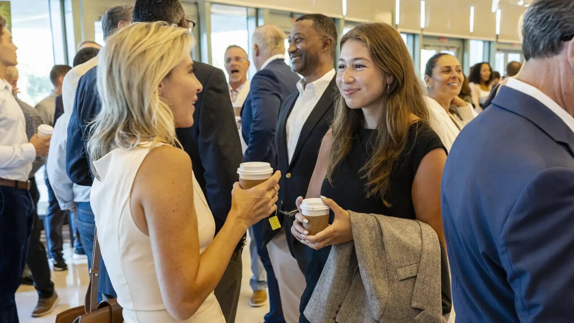 Business professionals engaging at a networking event with coffee.