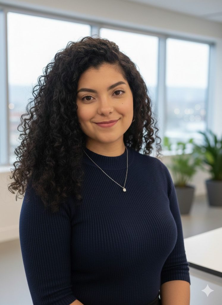 Young woman with curly hair smiling in modern office environment.