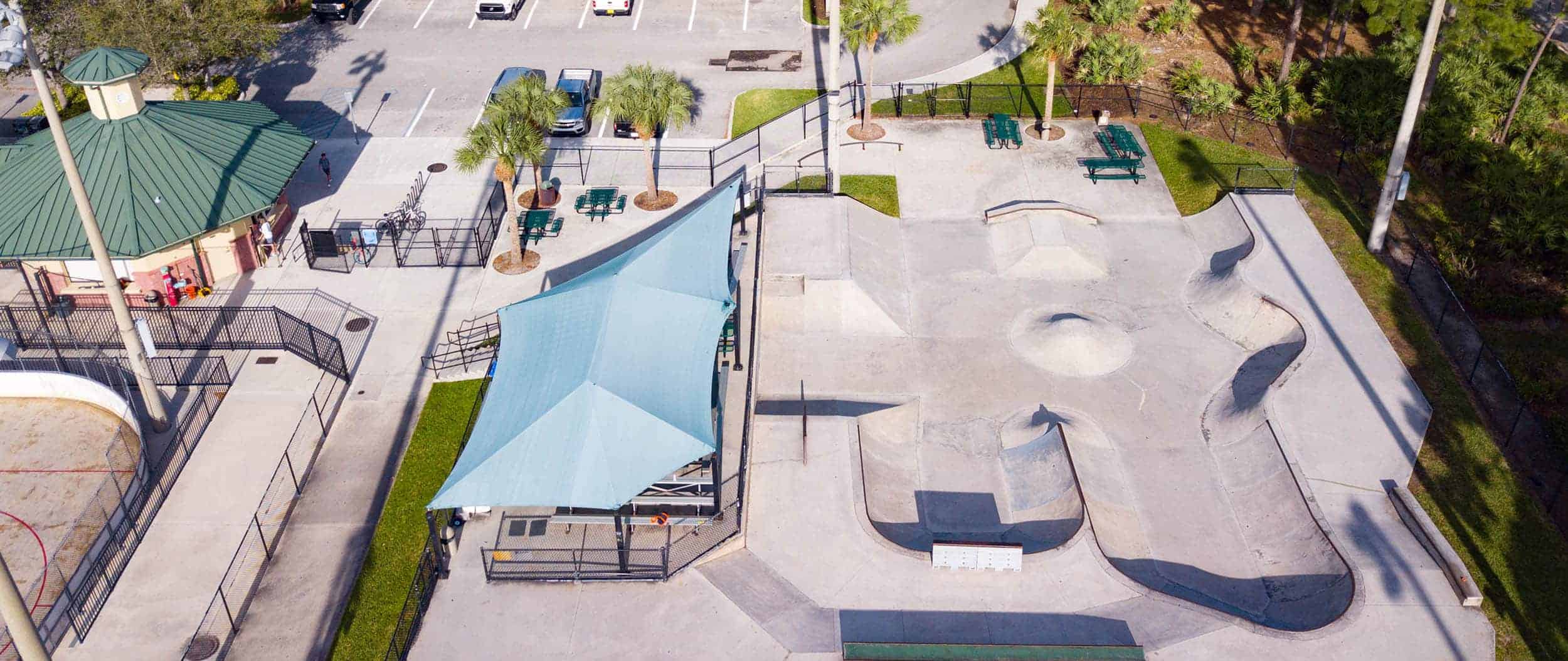 Aerial view of Abacoa Community Park skate park and recreational area in Palm Beach County.