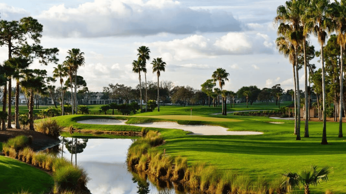 Beautiful golf course with palm trees and water hazards in Palm Beach County.