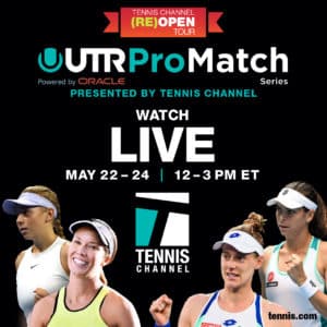 Tennis players at Palm Beach County sports event with TV broadcast details.