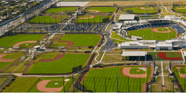 Aerial view of multiple baseball fields in Palm Beach County during spring training.