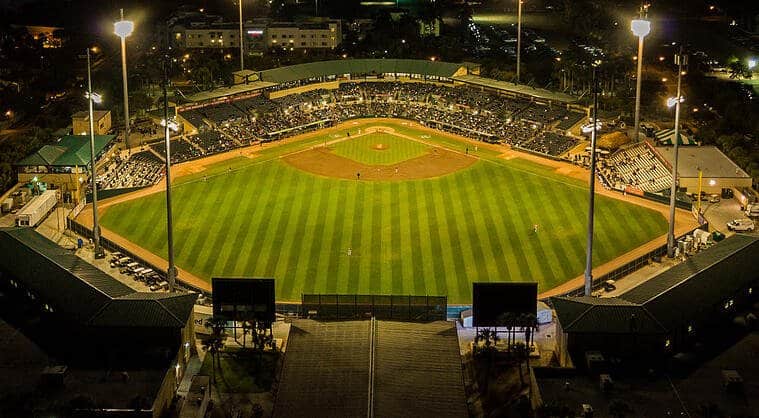 Night view of a baseball stadium during spring training in Palm Beach County.