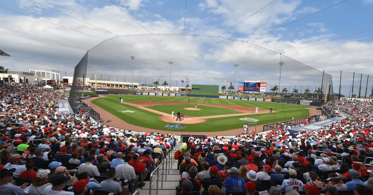 Crowd watching a baseball game at Palm Beach County Sports complex.