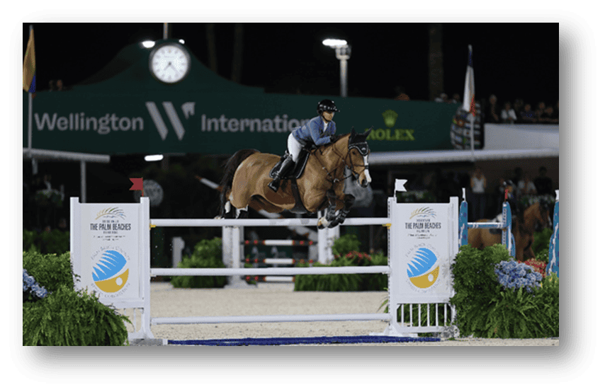 Equestrian rider jumping over obstacle at Winter Equestrian Festival in Florida.