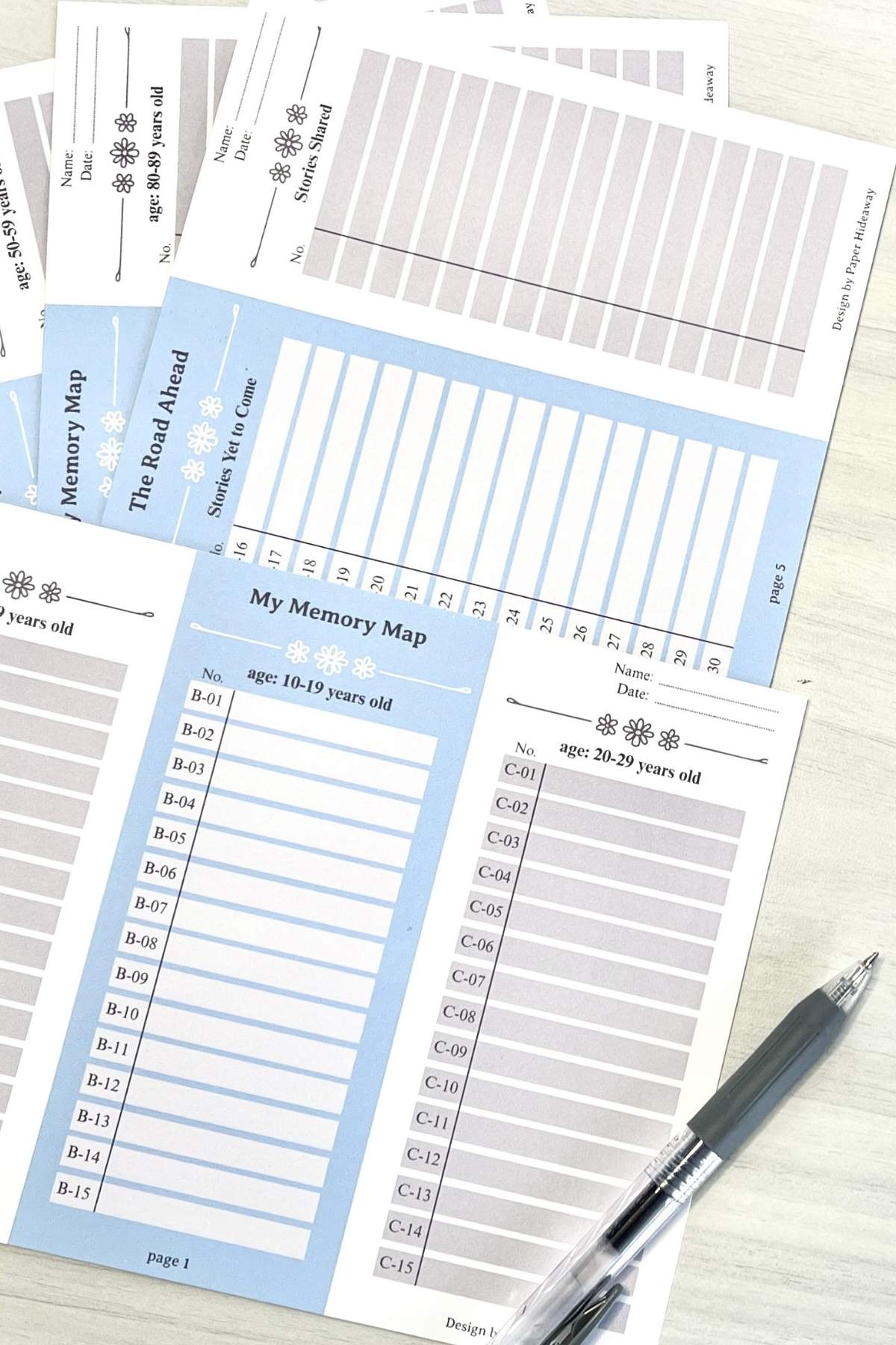 Memory map templates for documenting life stages and memories.
