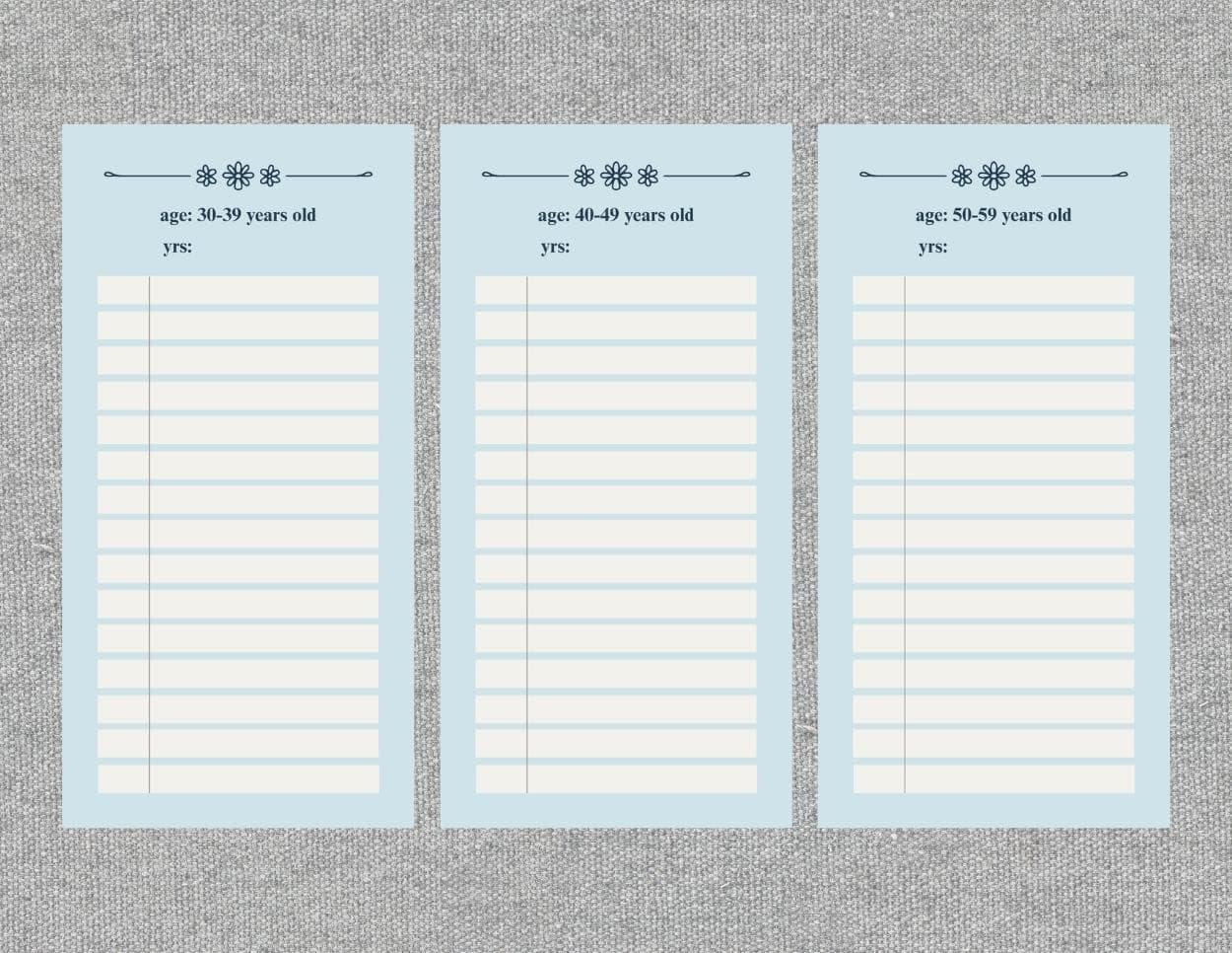 Memory map template for ages 30-59 with space for notes and years.