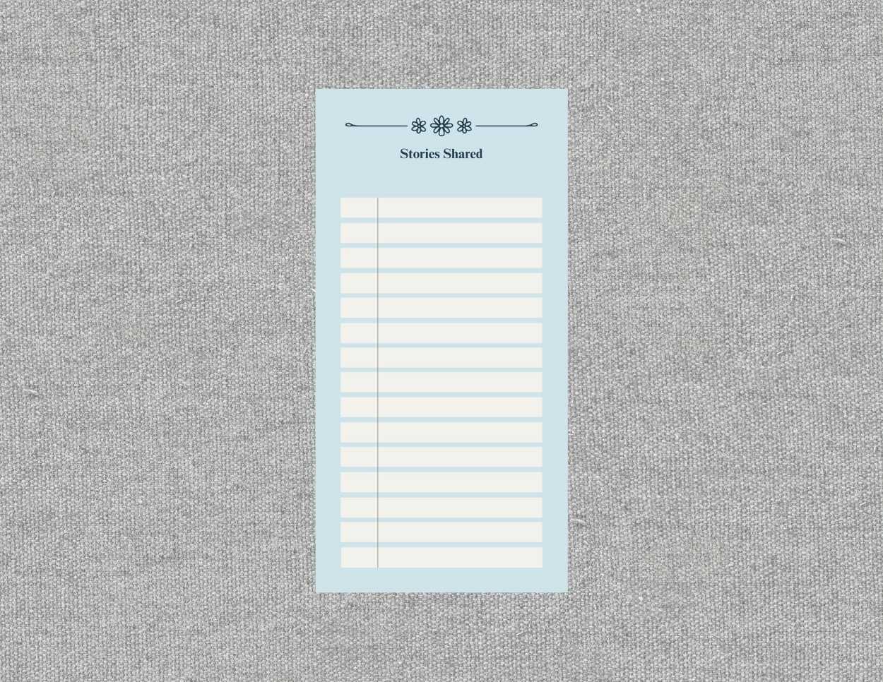 Light blue paper note titled 'Stories Shared' with lines for writing.