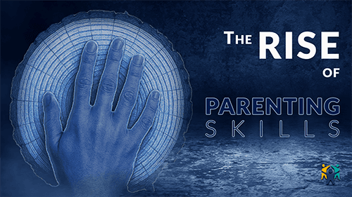 A symbolic blue-toned image of a hand on a glowing tree trunk, representing the growth and transmission of parenting skills across generations.