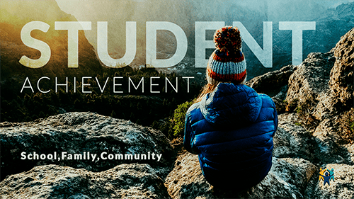 Young person sitting on a mountain at sunrise, symbolising reflection, effort, and growth — concept of student achievement through school, family, and community connection.