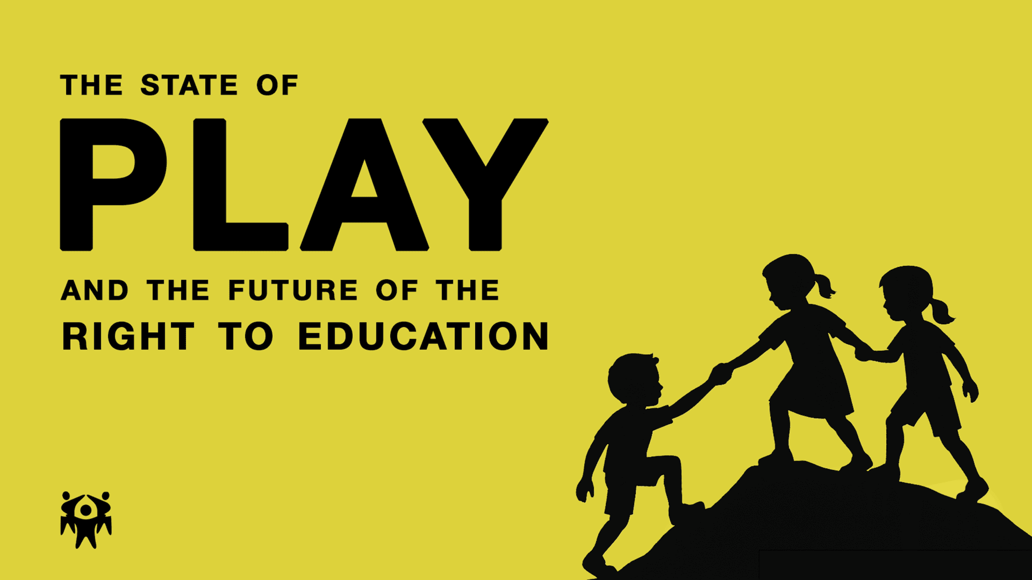 Minimalist yellow illustration for a Parents International article on the UNESCO report about the right to education, showing three black silhouettes of children on a mountain, with the middle child helping another climb up to the top.