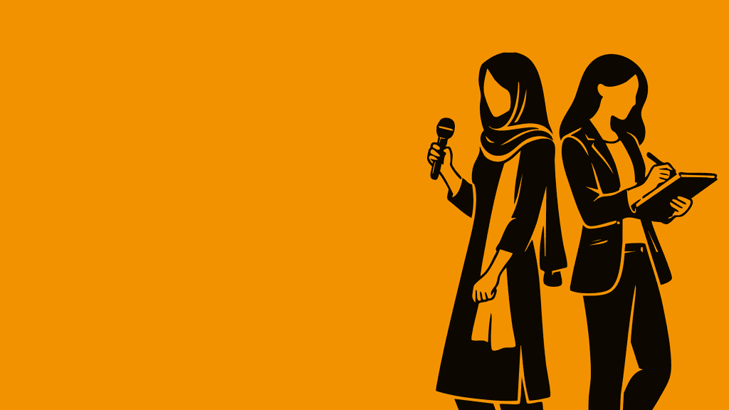 Orange cover with the words “Across Borders, Into Research”, two illustrated women (one holding a microphone, one writing on a tablet), and the EU, Participate, and Learning Planet Festival logos.