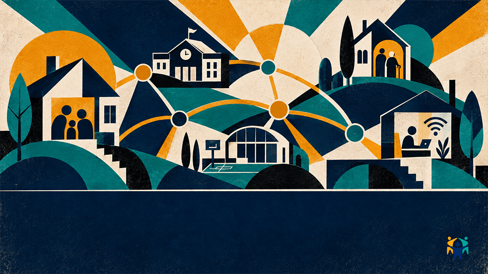 Constructivist-style illustration of the Parenting Village: homes, a school, community spaces and digital connections linked by a network of lines and nodes.